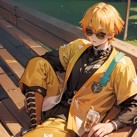 (((master piece))),((best quality)),((((park)))), detailed,1boy, sitting,sports cap, yellow hair,sunglasses,sports shirt,pants,c...