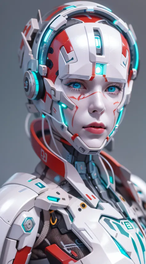 Araffed Cyborg with high-resolution white plastic details, batom vermelho e olhos azuis claros.