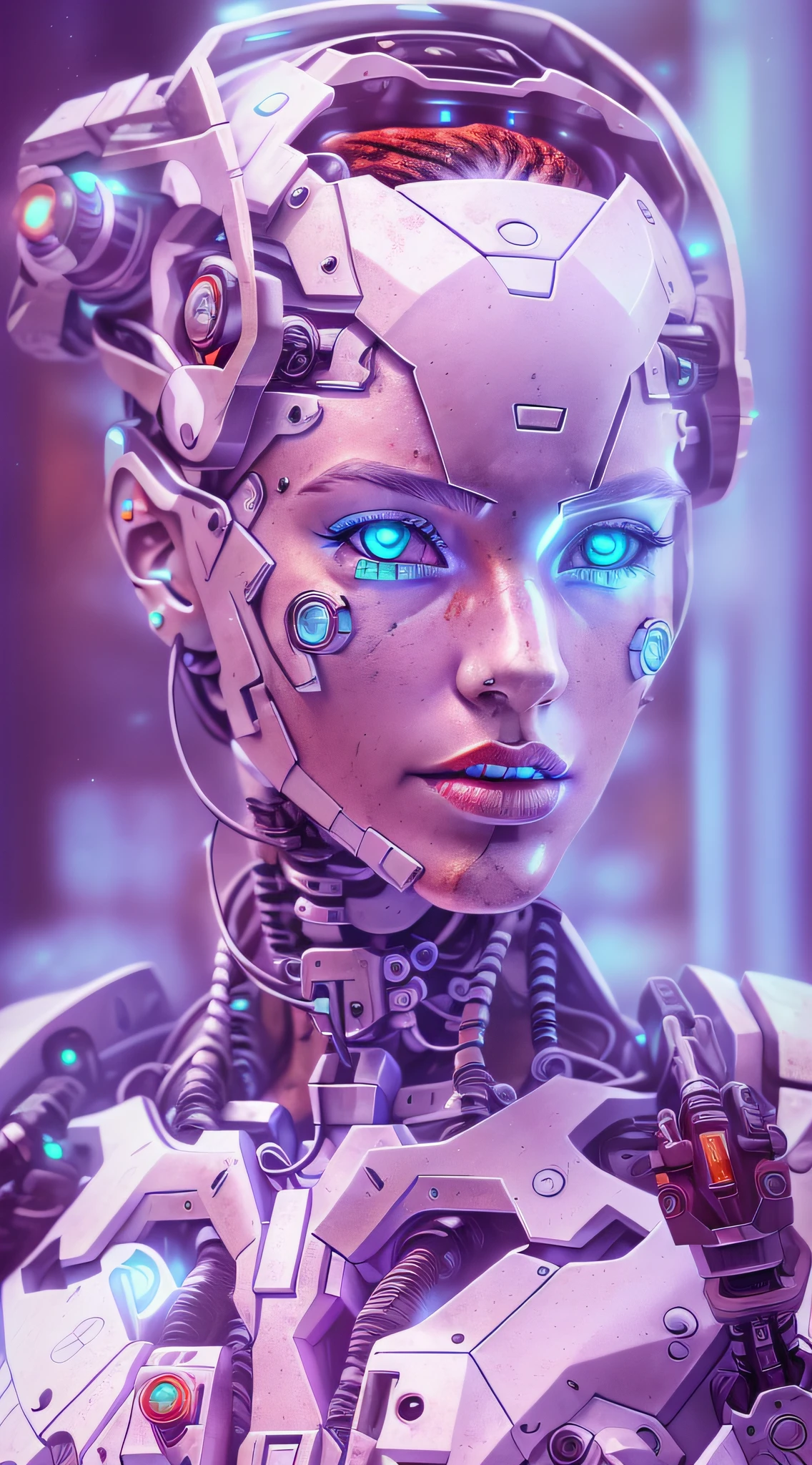 Cyborg araffizado con piezas de plástico blanco súper detalladas en muy alta resolución con lápiz labial rojo y ojos celestes.