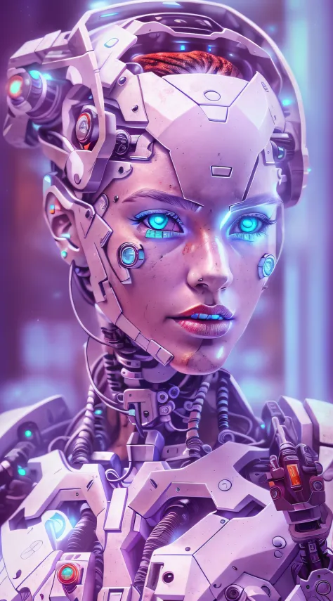 Araffed Cyborg with super detailed pieces of white plastic in very high resolution with red lipstick and light blue eyes