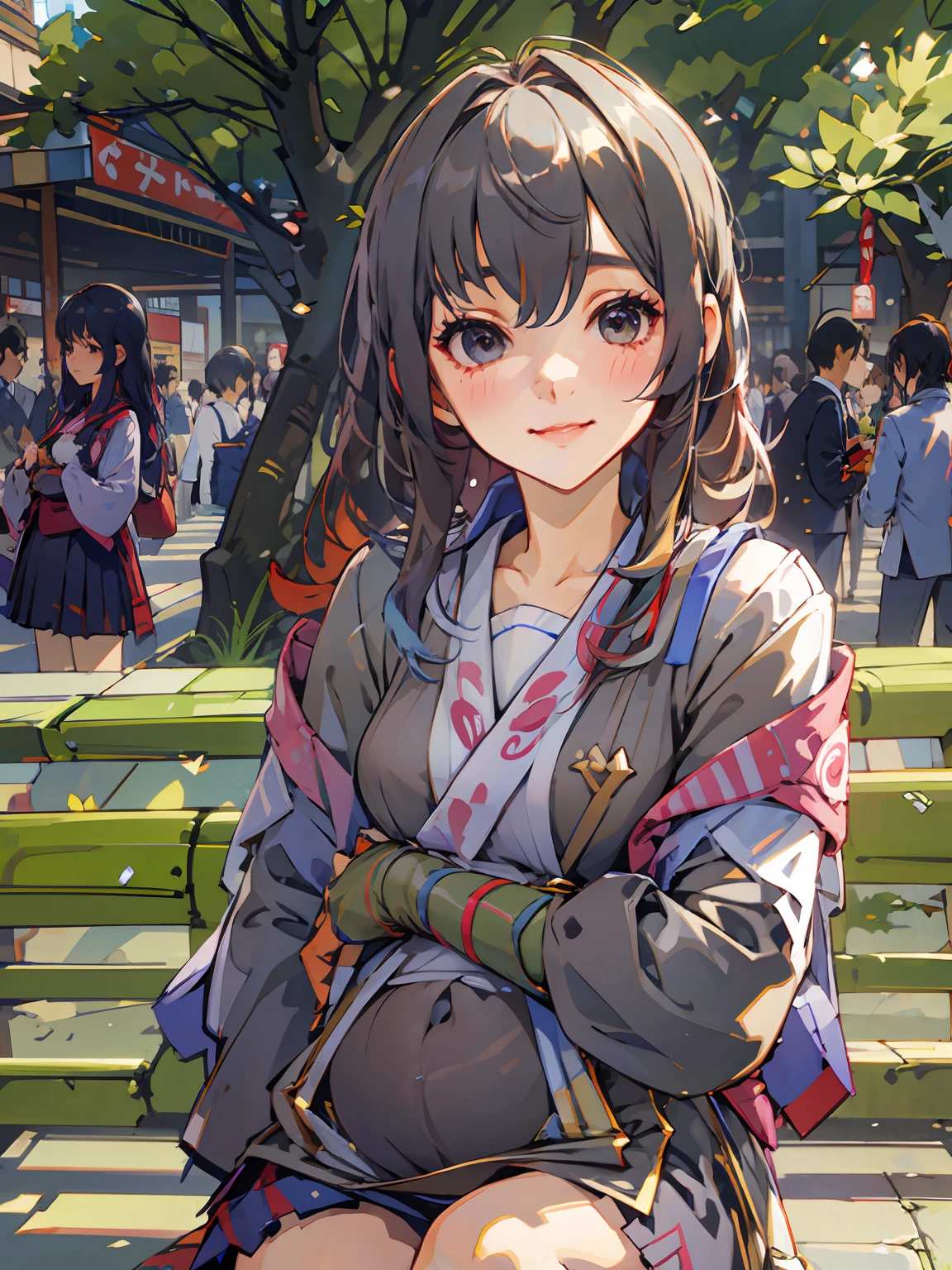 Pixiv style, A high resolution, Hyper-realistic, Anime style, 4K, A woman who is. Japanese high school student sitting on a park bench. High school sportswear. sweatshirts. Shoot sideways from diagonally. The woman looked up at me，Smile with your mouth closed. The woman's face is written accurately. medium hair length. Slightly larger breasts. Model type woman. Extremely precisely drawn female eyes. Beautiful female face. Two legs. Two arms. Five fingers to write，extremely precise, Peaceful Japanese park，rich greenery.Pregnant belly，Pregnant women with，a navel