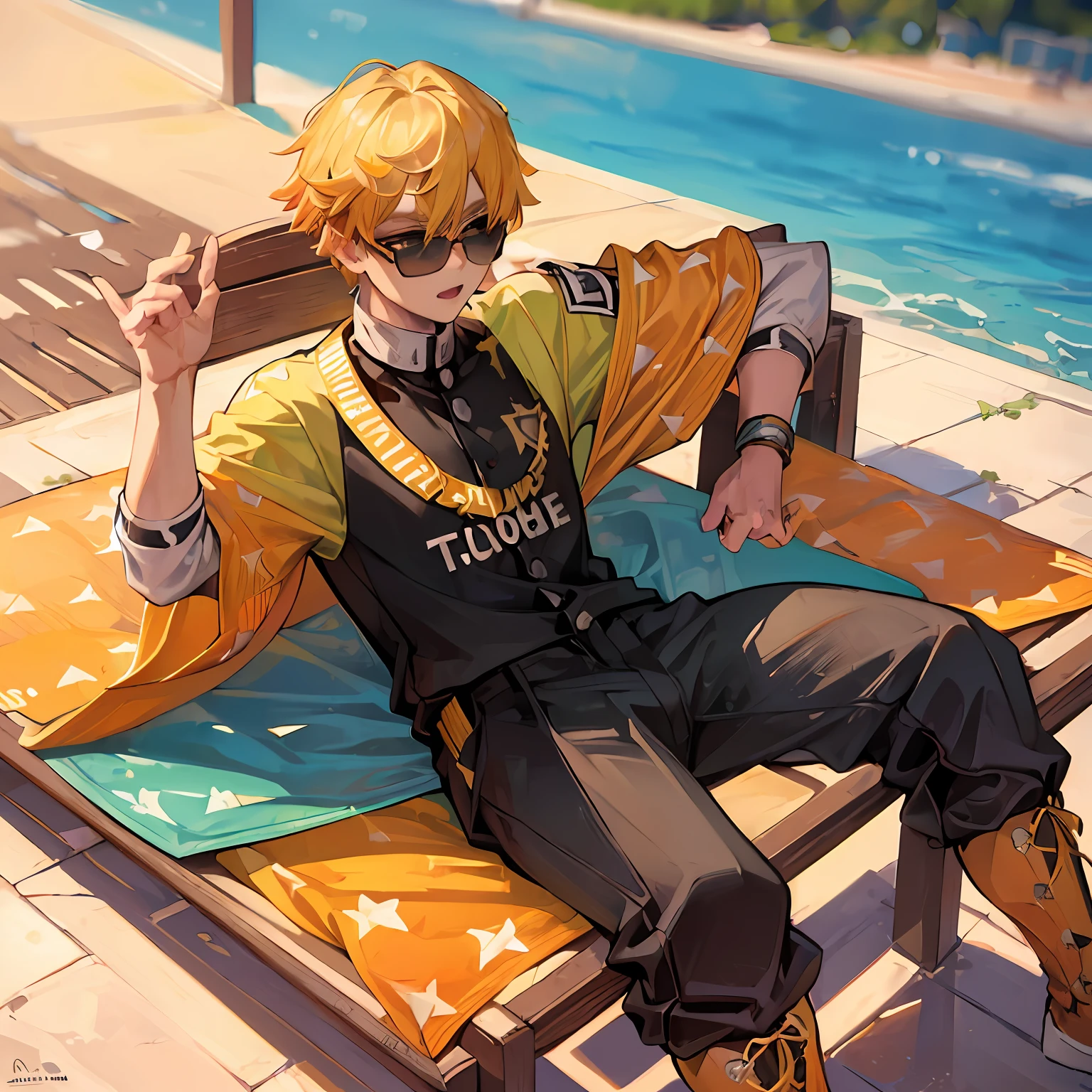 (((master piece))),((best quality)),((((park)))), detailed,1boy, sitting,sports cap, yellow hair,sunglasses,sports shirt,pants,cheerful,toothy grinultra detailed face, shoulder pad