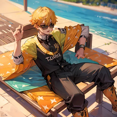 (((master piece))),((best quality)),((((park)))), detailed,1boy, sitting,sports cap, yellow hair,sunglasses,sports shirt,pants,c...