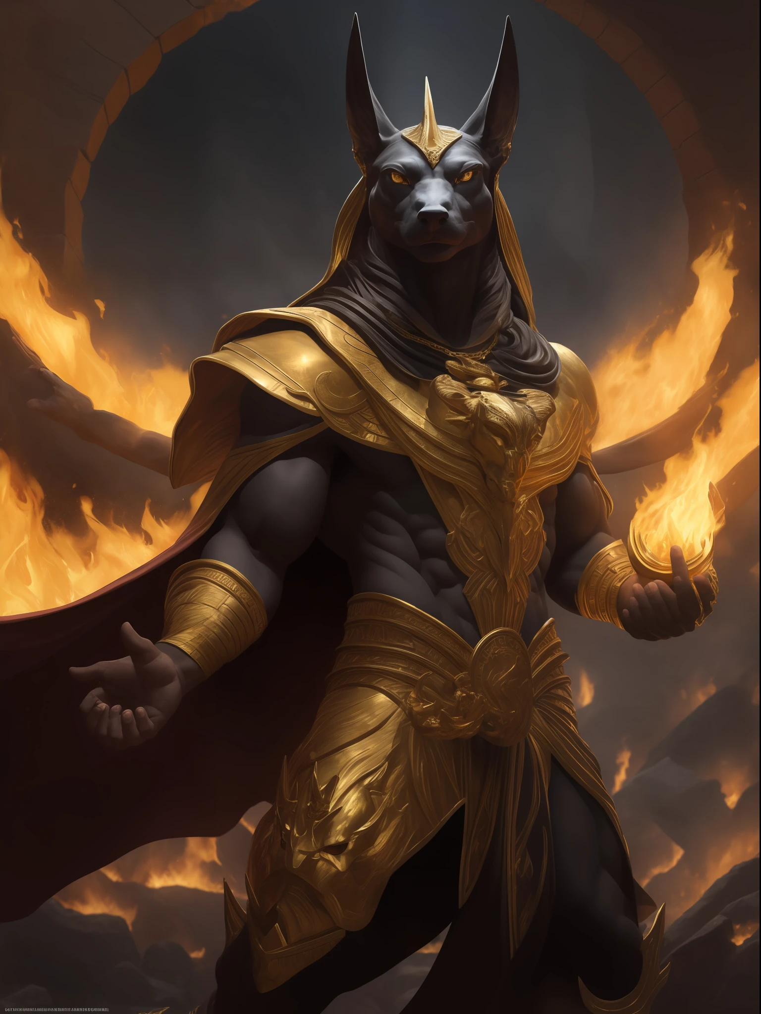 (high quality), photorealistic, (oil painting)
jewelry, (solo),
(dynamic pose), towards right, ((hell gate)), fire, hell landscape, (the underworld), (dark landscape),
anubis, egyptian jackal headed god, anthro, muscular, (holding golden scales), dynamic pose, cinematic, dramatic camera angle, golden armor:0.25, black & gold cape, (good anatomy), (good proportions), award winning, masterpiece, centered,