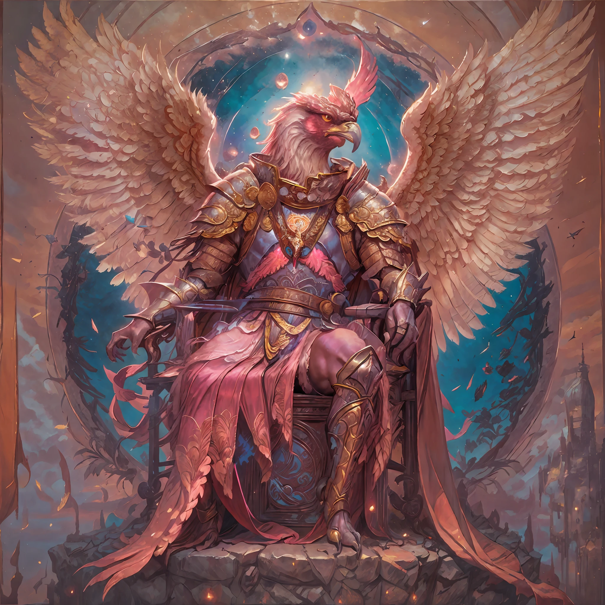 masterpiece, best quality, (solo), (from below), painting of very big Aven a Neon Pink bird man wearing armor with silver ornament, holy light, medieval setting, sitting, sitting on a throne, folded wings, earth \(planet\),