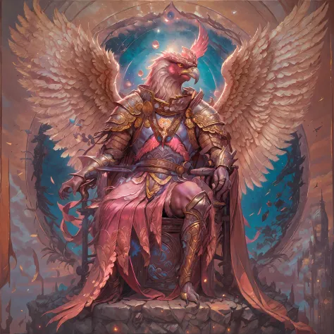 masterpiece, best quality, (solo), (from below), painting of very big Aven a Neon Pink bird man wearing armor with silver orname...