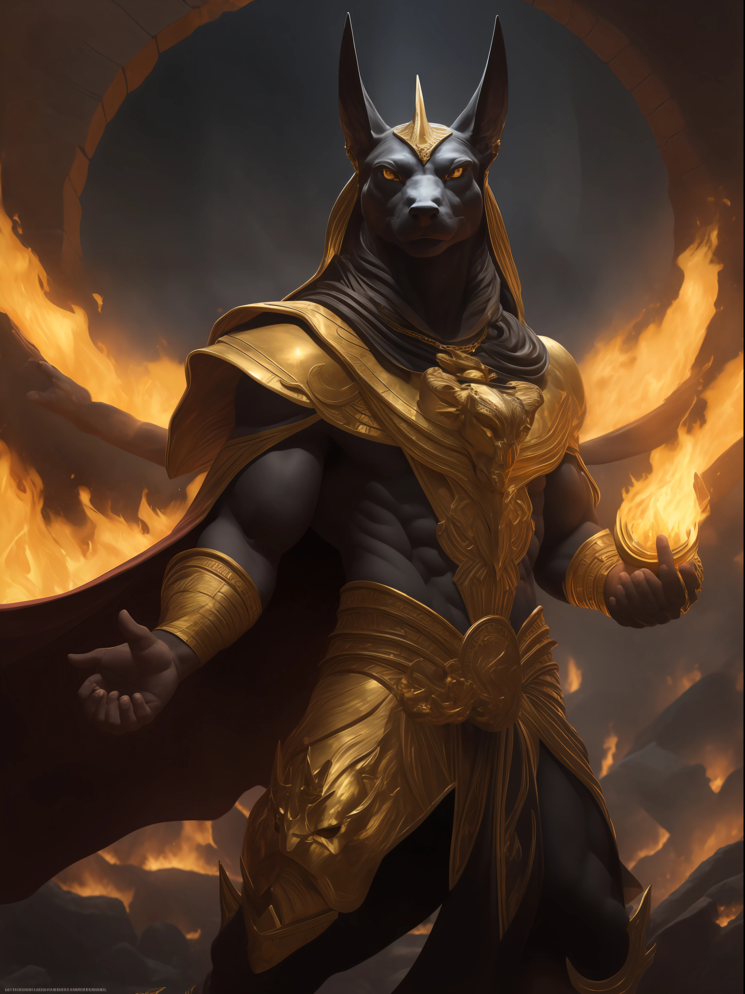 (high quality), photorealistic, (oil painting)
jewelry, (solo),
(dynamic pose), towards right, ((hell gate)), fire, hell landscape, (the underworld), (dark landscape),
anubis, egyptian jackal headed god, anthro, muscular, (holding golden scales), dynamic pose, cinematic, dramatic camera angle, golden armor:0.25, black & gold cape, (good anatomy), (good proportions), award winning, masterpiece, centered,