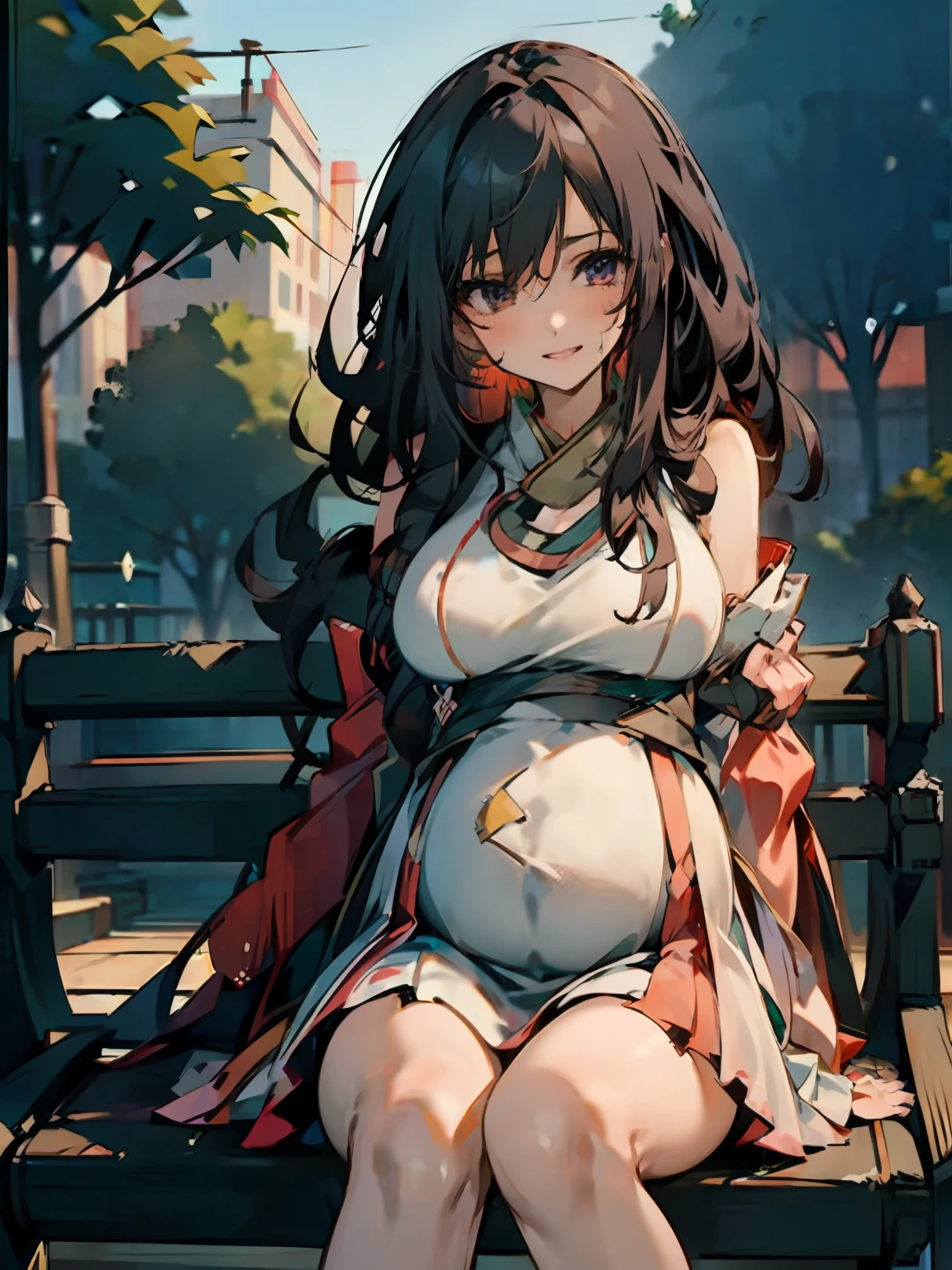 Pixiv style, A high resolution, Hyper-realistic, Anime style, 4K, A woman who is. Japanese high school student sitting on a park bench. High school sportswear. sweatshirts. Shoot sideways from diagonally. The woman looked up at me，Smile with your mouth closed. The woman's face is written accurately. medium hair length. Slightly larger breasts. Model type woman. Extremely precisely drawn female eyes. Beautiful female face. Two legs. Two arms. Five fingers to write，extremely precise, Peaceful Japanese park，rich greenery.Pregnant belly，Pregnant women with，a navel