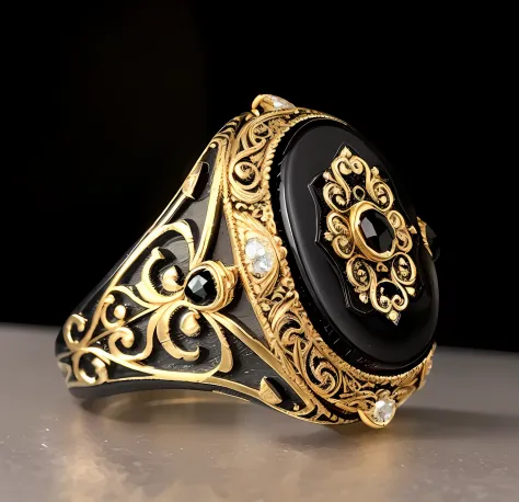 A close-up of a ring，Inside there is a piece of black onyx, carbon black and antique gold, detailed jewelry, black and gold rich color, beautiful detailed elegant, Vintage rings, black jewelry, detailed jewellery, ornate jewelry, ring, gold and steel intri...