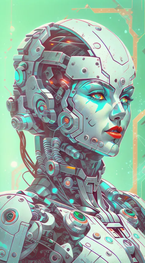 Araffed Cyborg with super detailed pieces of white plastic in very high resolution with red lipstick and light blue eyes