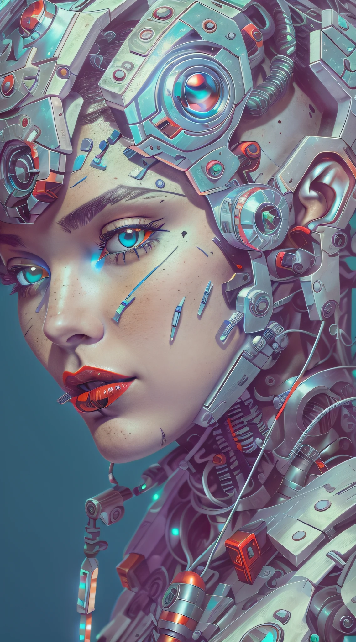 Araffierter Cyborg mit superdetaillierten weißen Plastikteilen in sehr hoher Auflösung mit rotem Lippenstift und hellblauen Augen