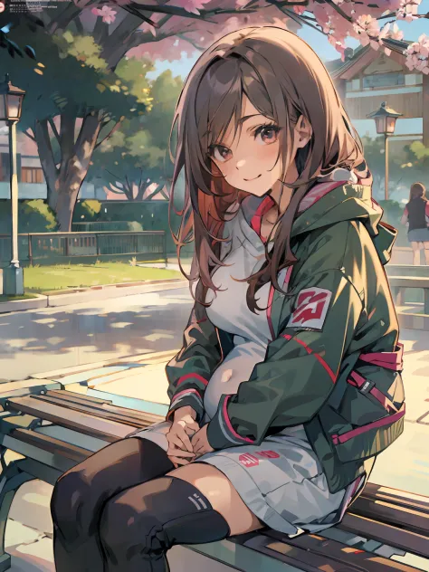 Pixiv style, A high resolution, Hyper-realistic, Anime style, 4K, A woman who is. Japanese high school student sitting on a park...