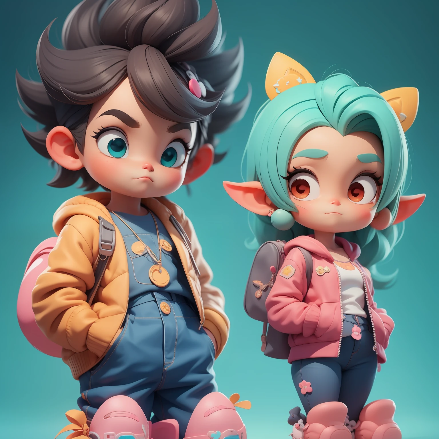 Um menino e uma menina super bonitos, corpo inteiro, fantastic cute hair accessories Popmart blind box, design IP, Bright background clean 3D rendering, OC rendering, 8k, foco suave, brilho fino super detalhe --ar 3:6 50 --q 2 --niji 5 --expressividade estilo --s 2