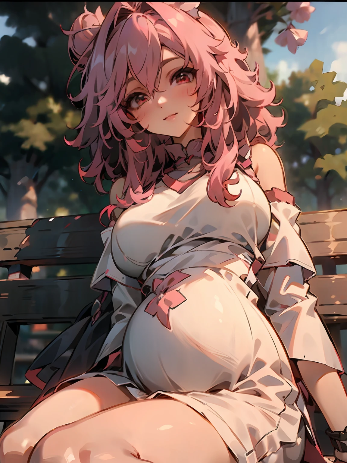 Pixiv style, A high resolution, Hyper-realistic, Anime style, 4K, A woman who is. Japanese high school student sitting on a park bench. High school sportswear. sweatshirts. Shoot sideways from diagonally. The woman looked up at me，Smile with your mouth closed. The woman's face is written accurately. medium hair length. Slightly larger breasts. Model type woman. Extremely precisely drawn female eyes. Beautiful female face. Two legs. Two arms. Five fingers to write，extremely precise, Peaceful Japanese park，rich greenery.Pregnant belly，Pregnant women with，a navel