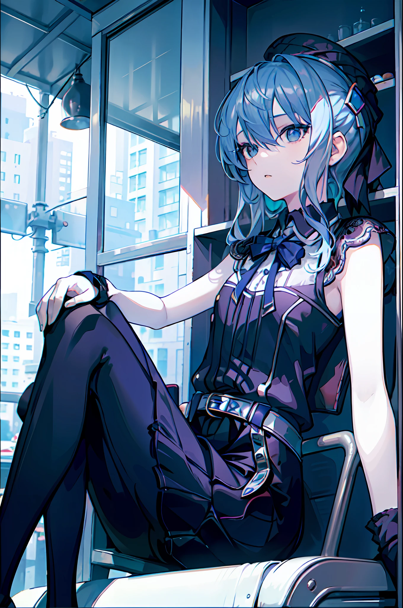 1girl, (solo:1.2), ((masterpiece)), slim, small chest, pale skin, ((detailed eyes)), (bokeh effect), (dynamic angle), blue hair, ponytails, bow tie, sitting, blue eyes, ((suits)), tux, interior, chair