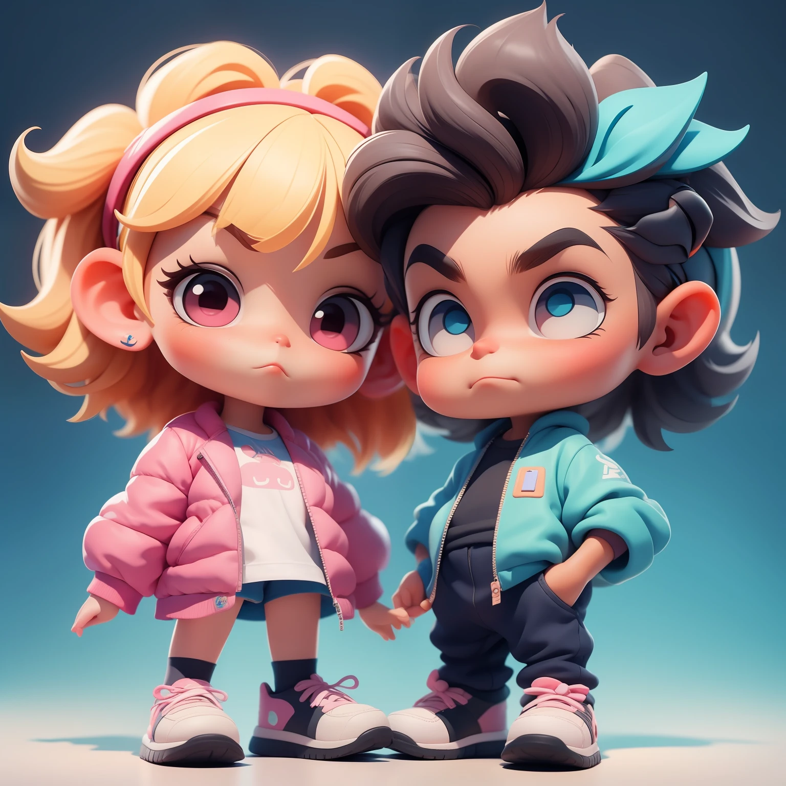 Um menino e uma menina super bonitos, corpo inteiro, fantastic cute hair accessories Popmart blind box, IP de design, Bright background clean 3D rendering, OC rendering, 8k, Foco suave, brilho fino super detalhe --ar 3:6 50 --q 2 --niji 5 --expressividade estilo --s 2