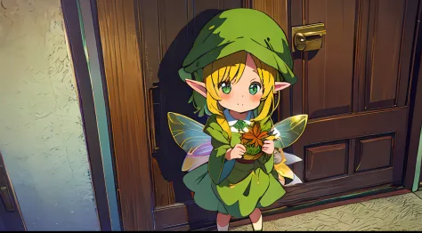 one girl、leprechaun、the tree、door leaf、fairy costumes、​masterpiece、top-quality、top image quality、cute little