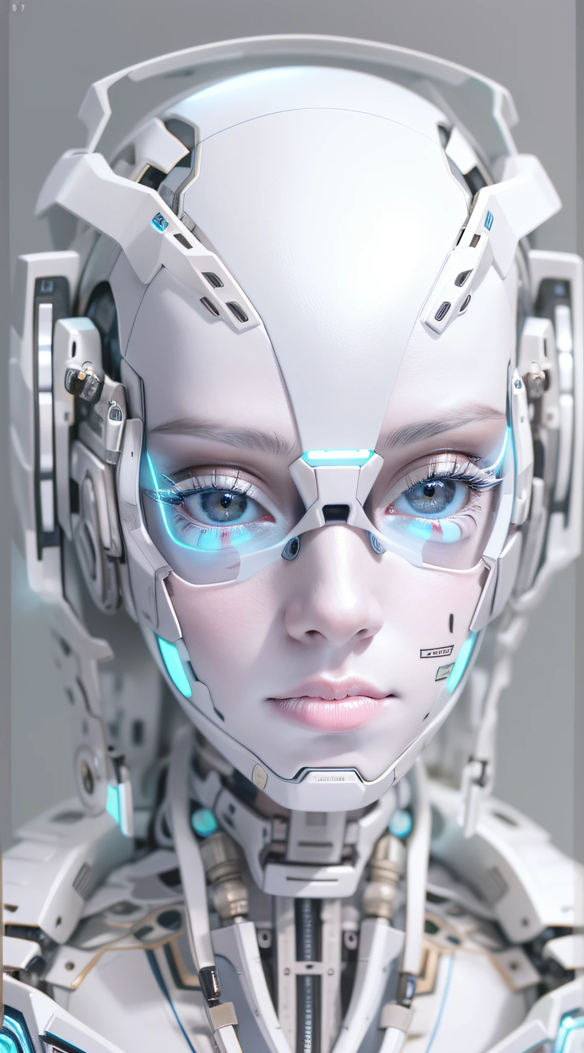 "Araffed Cyborg with high-resolution white plastic details, olhos azuis claros."