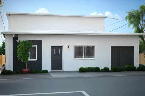 There is a small white building with a black door and a vase of flowers, renderizar 3 d, 3d final render, 3 d finalrender, altamente renderizado!!, vue 3d render, 3/4 view realistic, very realistic 3 d render, all white render, corona render, lumion render...