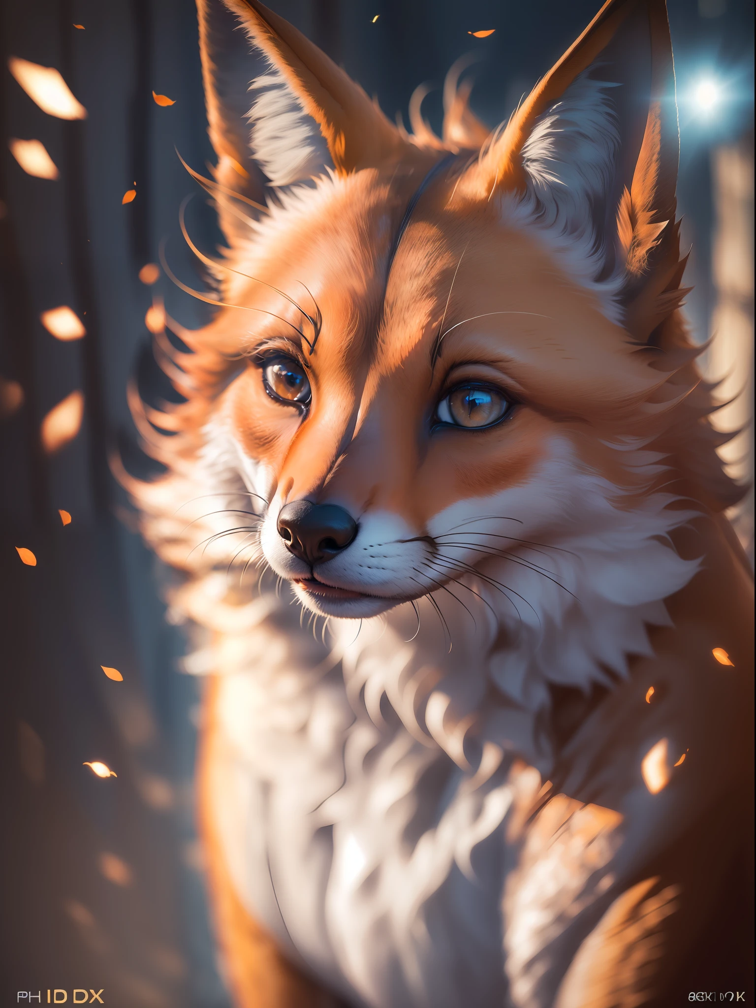 (Realistic Fox), animal selvagem, feroz, com dentes grandes afiados), (Highly detailed ultra-realistic image:1.2), (fotorrealista:1.2), com detalhes intrincados. (Background with lighting effects with rays and bright colored powers with high contrast and saturation:1.2). ((cinematic photography, UHD, 8k)).