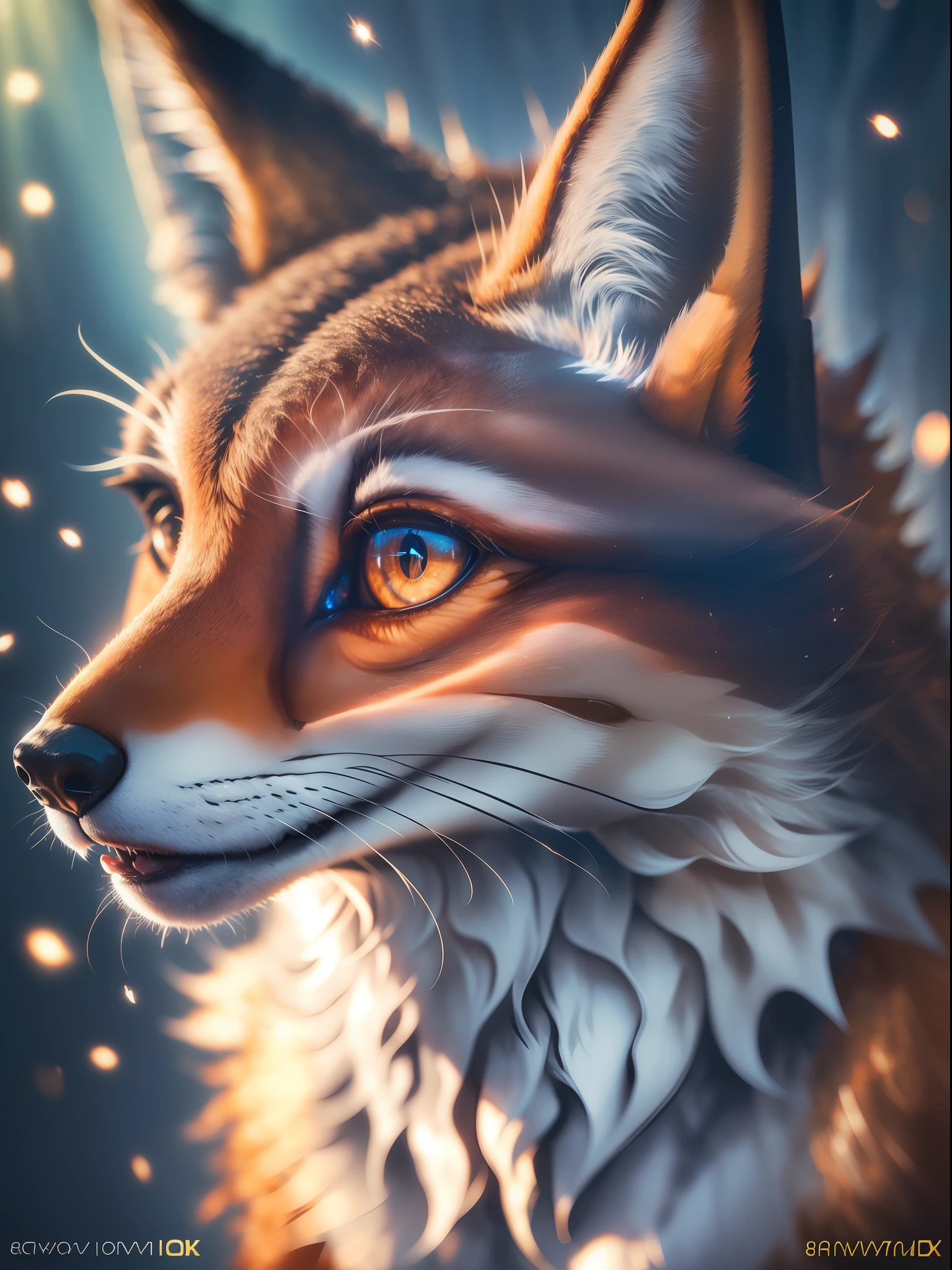 (Realistic Fox), animal selvagem, feroz, com dentes grandes afiados), (Highly detailed ultra-realistic image:1.2), (fotorrealista:1.2), com detalhes intrincados. (Background with lighting effects with rays and bright colored powers with high contrast and saturation:1.2). ((cinematic photography, UHD, 8k)).