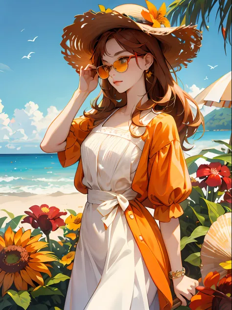 absurderes，A high resolution，ultra - detailed，1girl，独奏，Very detailed eyes，starfish，sea shell，sea shell，florals，Hats，hair adornments，jewely，Straw Hat Hat，looking at viewert，sun glasses，Cap flower，drinking straw，hair pin，耳Nipple Ring，Red flowers, colored gla...