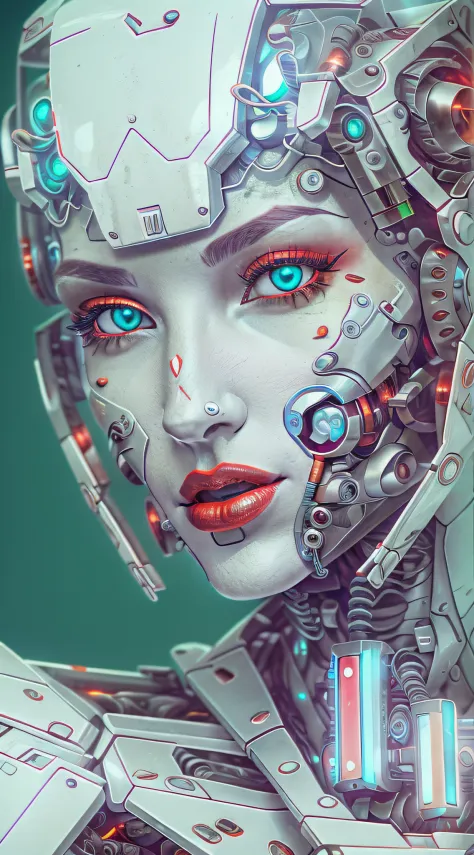 Araffed Cyborg with super detailed pieces of white plastic in very high resolution with red lipstick and light blue eyes