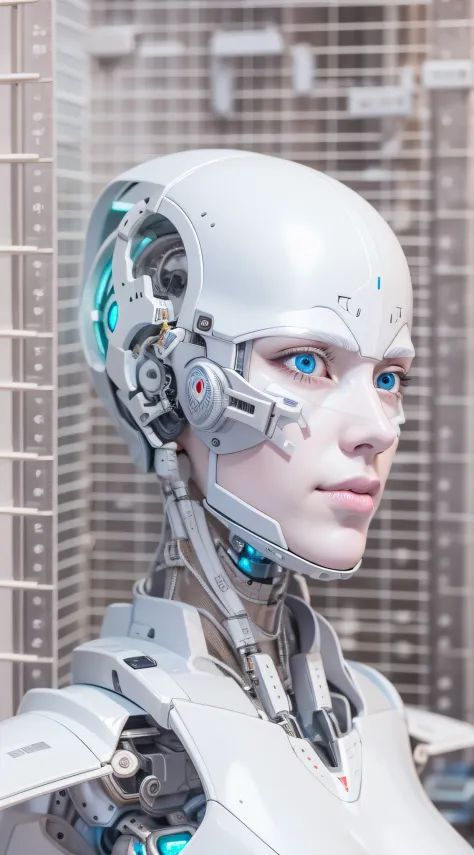 "Araffed Cyborg with high-resolution white plastic details, olhos azuis claros."