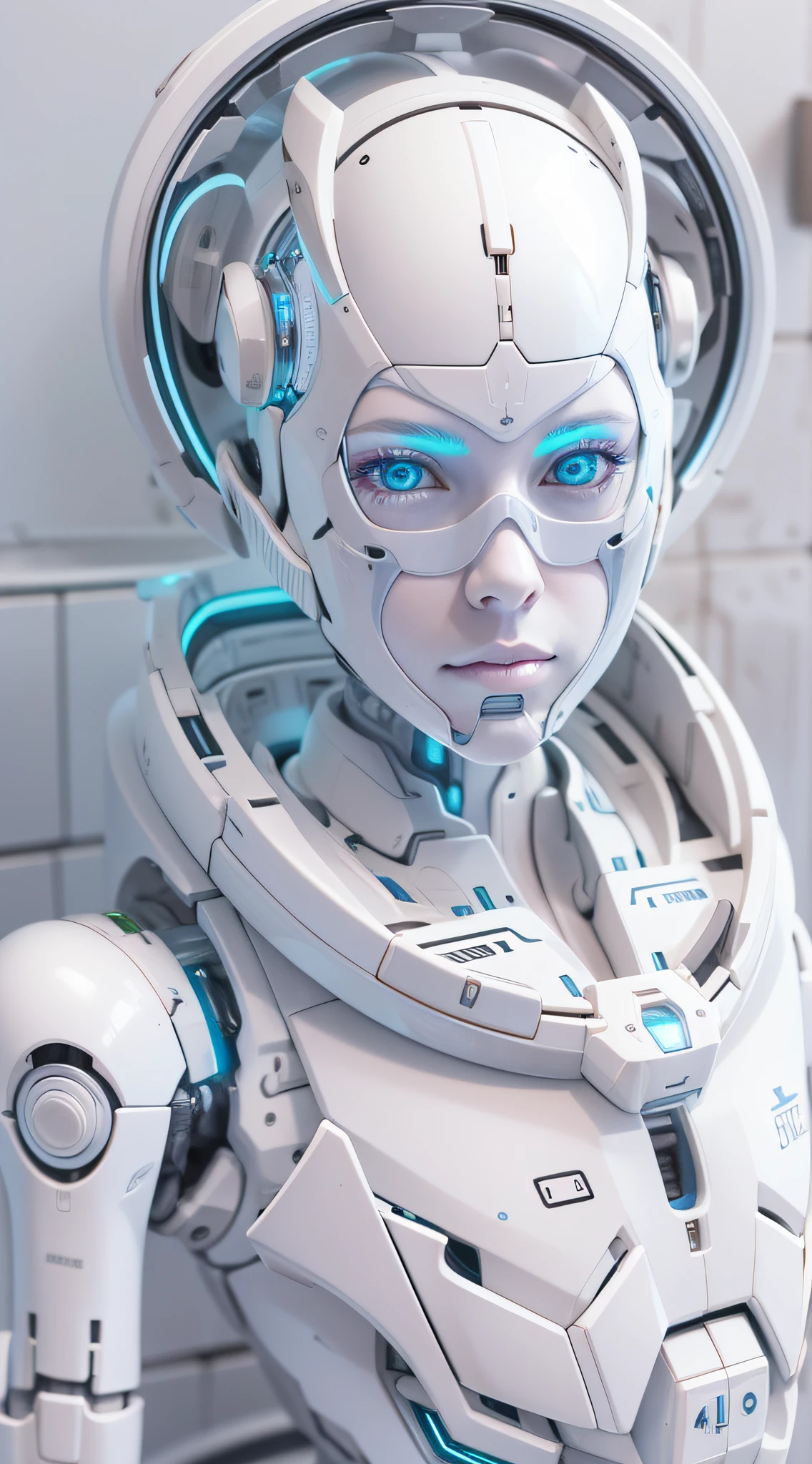 "Araffed Cyborg with high-resolution white plastic details, olhos azuis claros."