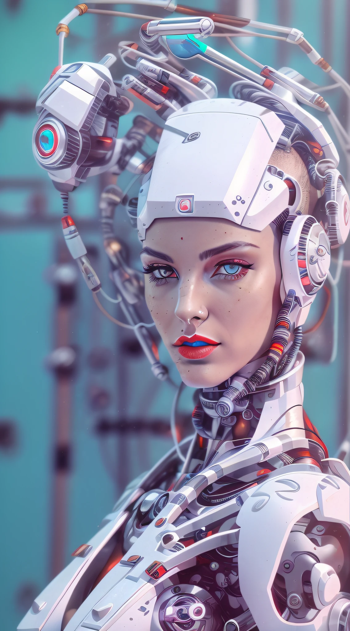 Araffed Cyborg 擁有超詳細的白色塑膠片，解析度非常高，紅色唇膏和淺藍色眼睛