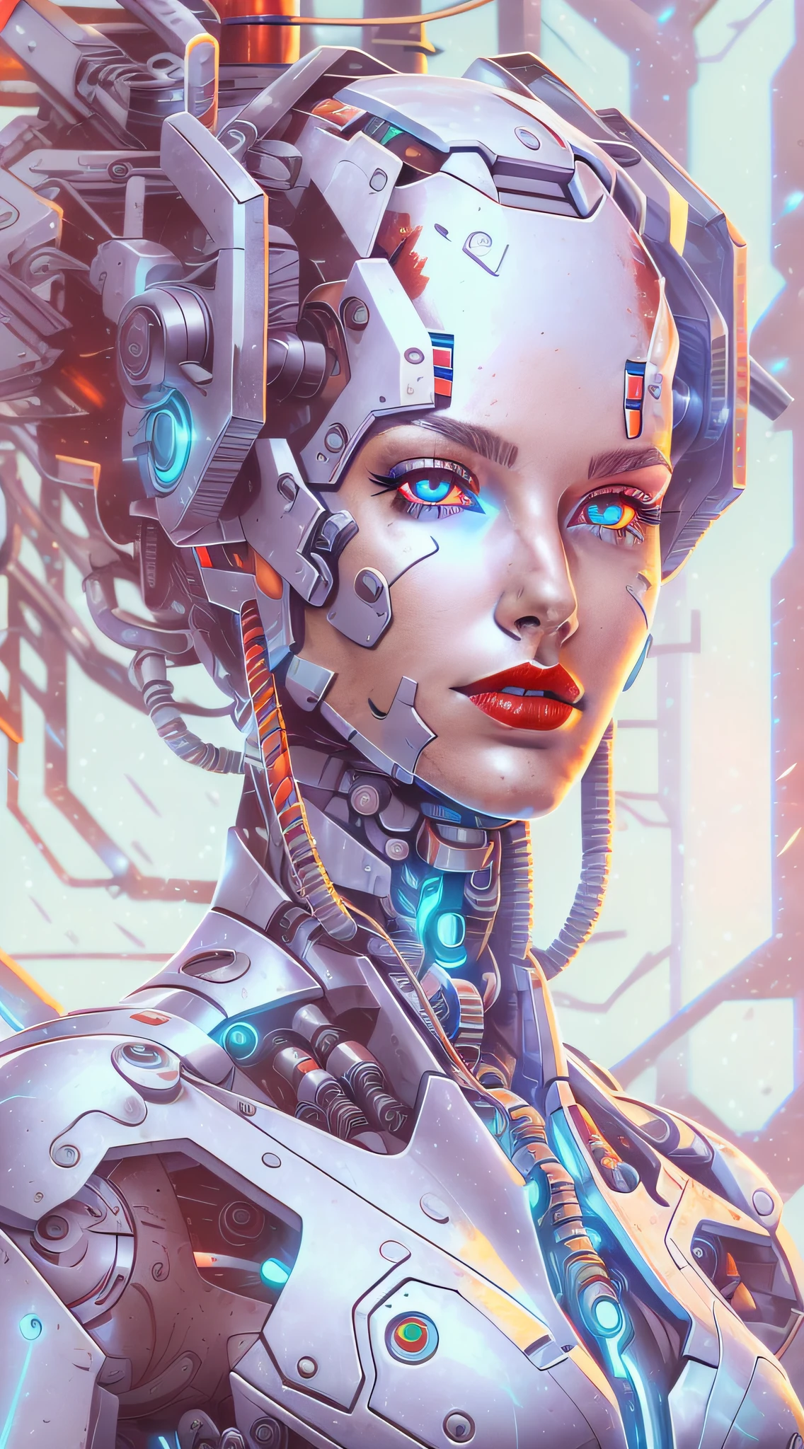 Cyborg Araffed avec des morceaux de plastique blanc super détaillés en très haute résolution avec un rouge à lèvres rouge et des yeux bleu clair