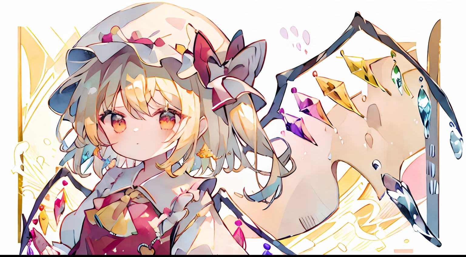 flandre scarlet
1girl,blonde hair,mob cap,hair bow,bowtie,side ponytail,wings,short sleeves,vest,ascot,cute little、​masterpiece、top-quality、Top image quality、Antique background