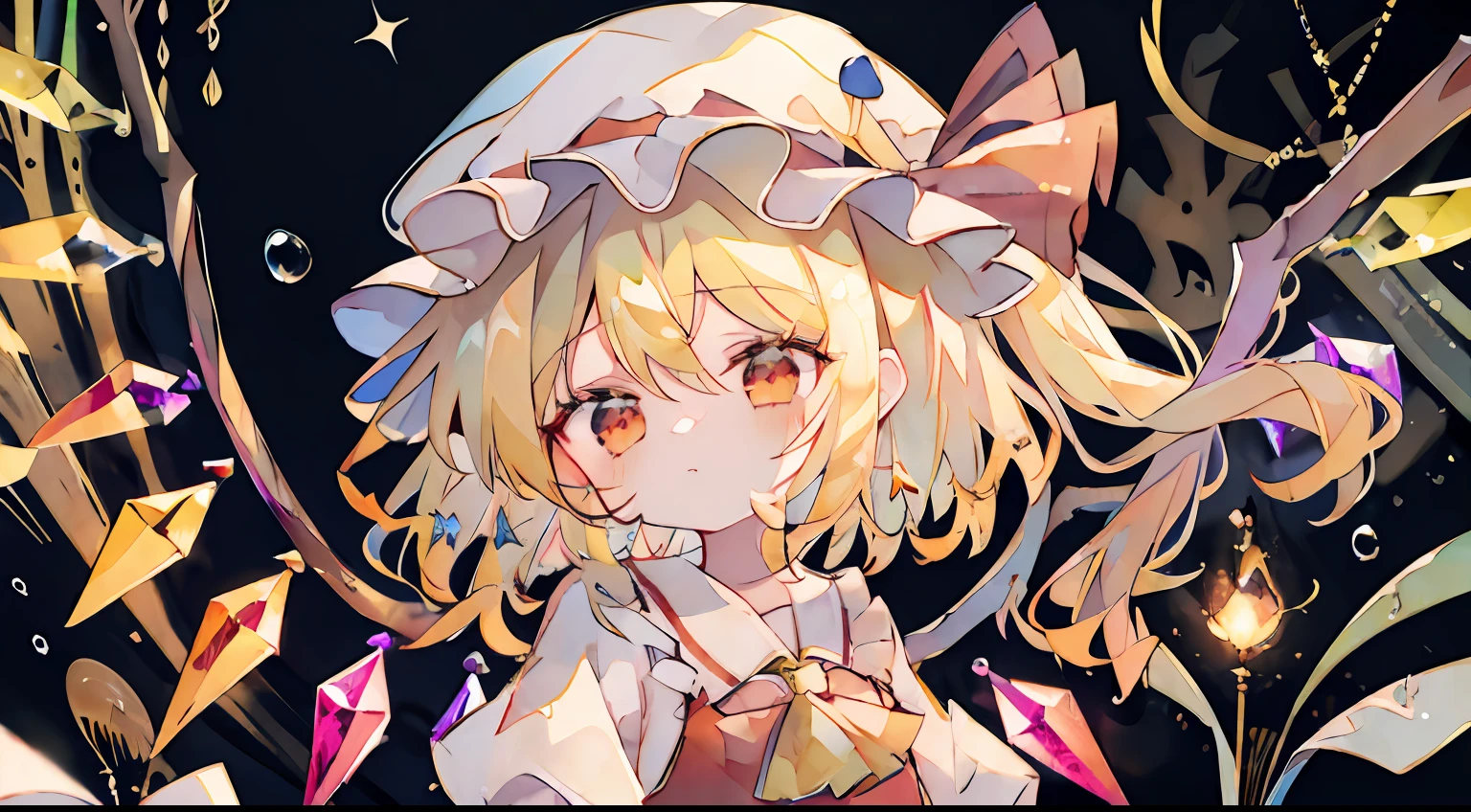 Flandre Scarlet 1 Mädchen,Blondes Haar,Haube,Haarschleife,Krawatte,seitlicher Pferdeschwanz,wings,kurze Ärmel,Weste,ascot,niedliche kleine、Meisterwerk、Top Qualität、Beste Bildqualität、Antiker Hintergrund