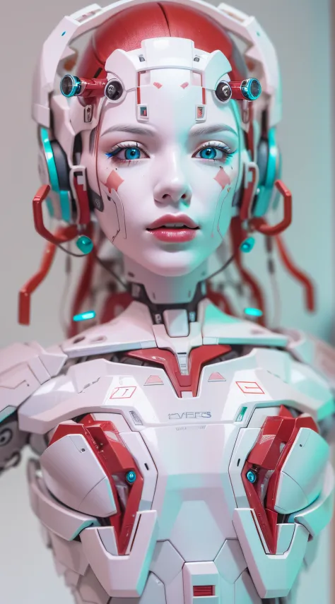 Araffed Cyborg with high-resolution white plastic details, batom vermelho e olhos azuis claros.