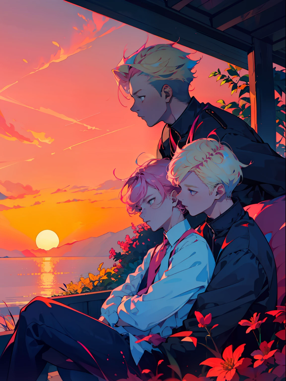 Two boys sitting together watching the sunrise，shoun，Two teenagers，On the left is the blond boy，Short hair，side parted hair，On the right is the pink-haired boy，voluminous and messy hair，Sunny lovely，Handsome，Lovers，𝓡𝓸𝓶𝓪𝓷𝓽𝓲𝓬，sunraise