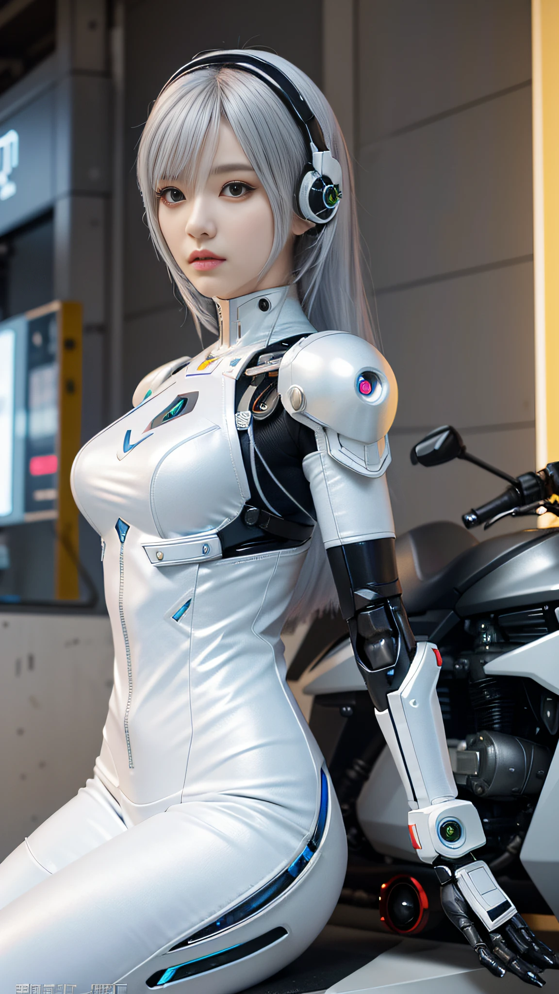Da sitzt eine Frau im weißen Anzug auf einem Motorrad, perfektes Android-Mädchen, süßes Cyborg-Mädchen, perfekte Anime-Cyborg-Frau, Cyborg - Mädchen mit silbernem Haar, Cyber-Anzug, cyberpunk anime girl mech, schönes Roboter-Charakterdesign, schöne Androidin, schönes Cyborg-Mädchen, schöner weiblicher Androide!, in weißer futuristischer Rüstung, gynoider Cyborg-Körper