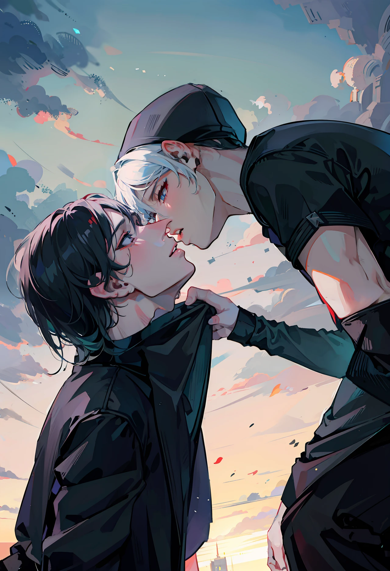 Two nena kissing, men kiss men, black clothes, Wearing black outfit, besándose lindamente, Yaoi, besándose, enfrentándose, besándose juntos, in love, Taejune, besándose boca a boca, chico rubio y chico pelirrojo, (((masterpiece))), artstation style, anime, boyslove, two boys, two mans, boys love, homosexual, 4k,8k,16k,uhd, shorts hair, city landscape, city lights in the background