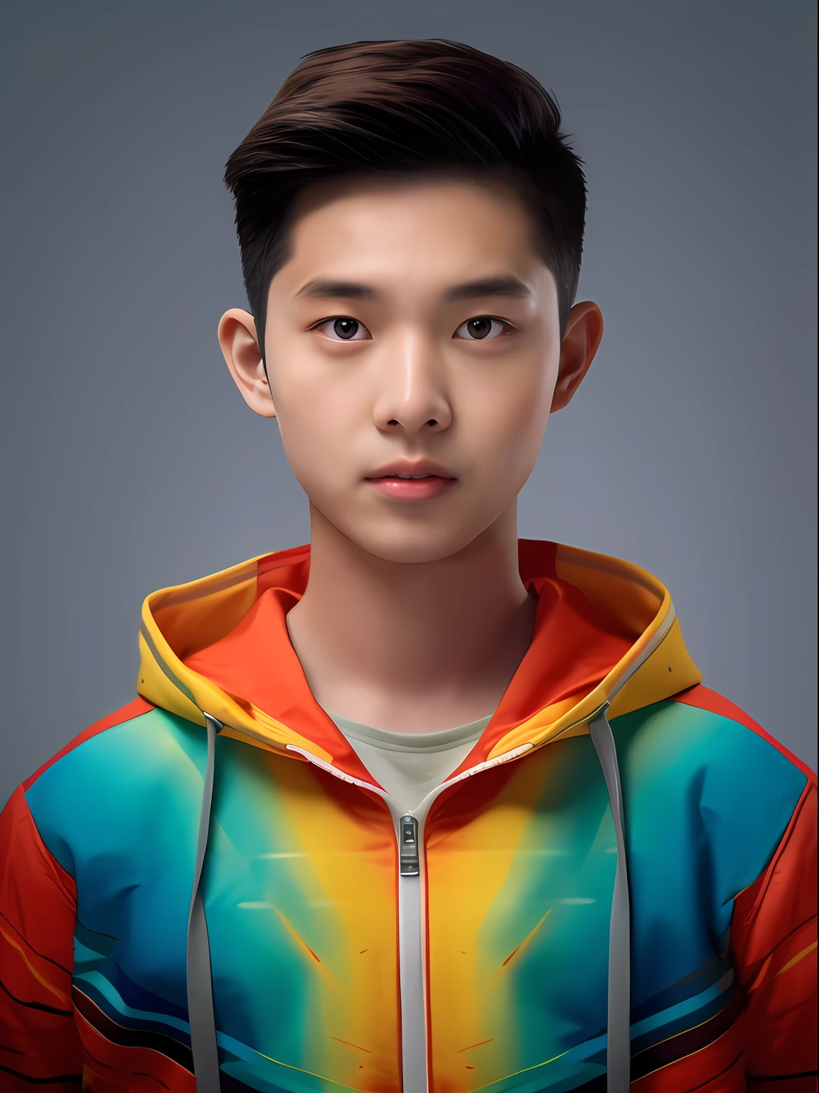 A portrait of a 17-year-old male high school student in China，Wearing a red, yellow and blue PVC sweatshirt，Light gray solid background