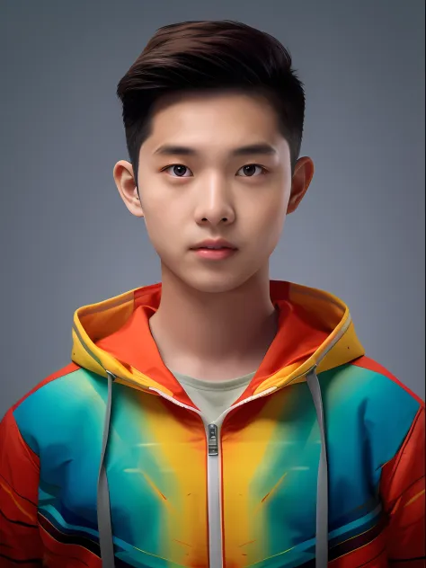 a portrait of a 17-year-old male high school student in china，wearing a red, yellow and blue pvc sweatshirt，light gray solid bac...