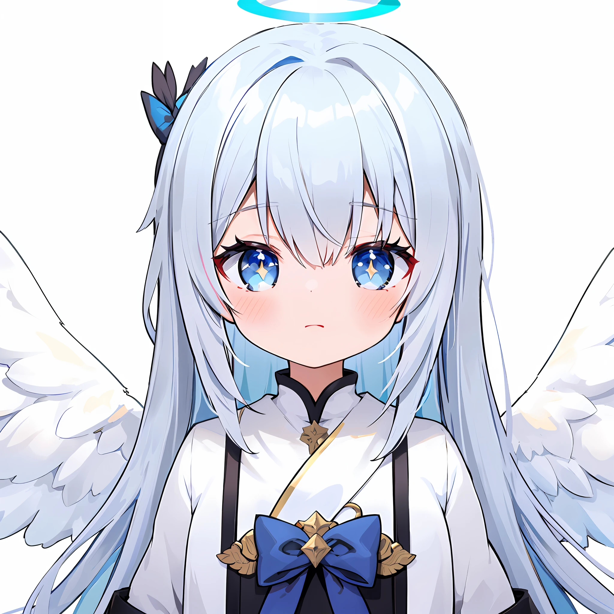 Chica anime con alas de ángel y ojos azules y lazo, Una escena de la《carril azul》videojuego, anime visual de una linda chica, pureza angelical, dios de pelo blanco, impacto de ayaka genshin, Hestia, Estilo de arte anime Moe, cara angelical, salpicadura de anime , un retrato anime de cirno, 《carril azul》role, carril azul style