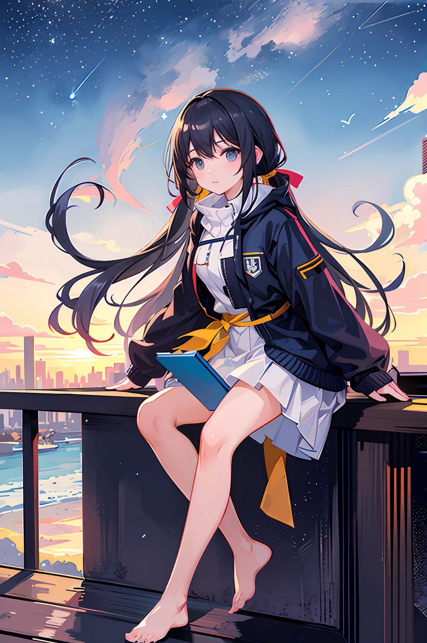 masterpiece, best quality,A beautiful Pigtail girl sits on the roof of the building,There are some whales flying in the starry sky, with a super wide angle view,The background is the extremely beautiful star sky. Under the star sky is the aerial view of the city building,octans, sky, star (sky), scenery, starry sky, night, 1girl, night sky, solo, outdoors, building, cloud, milky way, sitting, tree, long hair, city, silhouette, cityscape