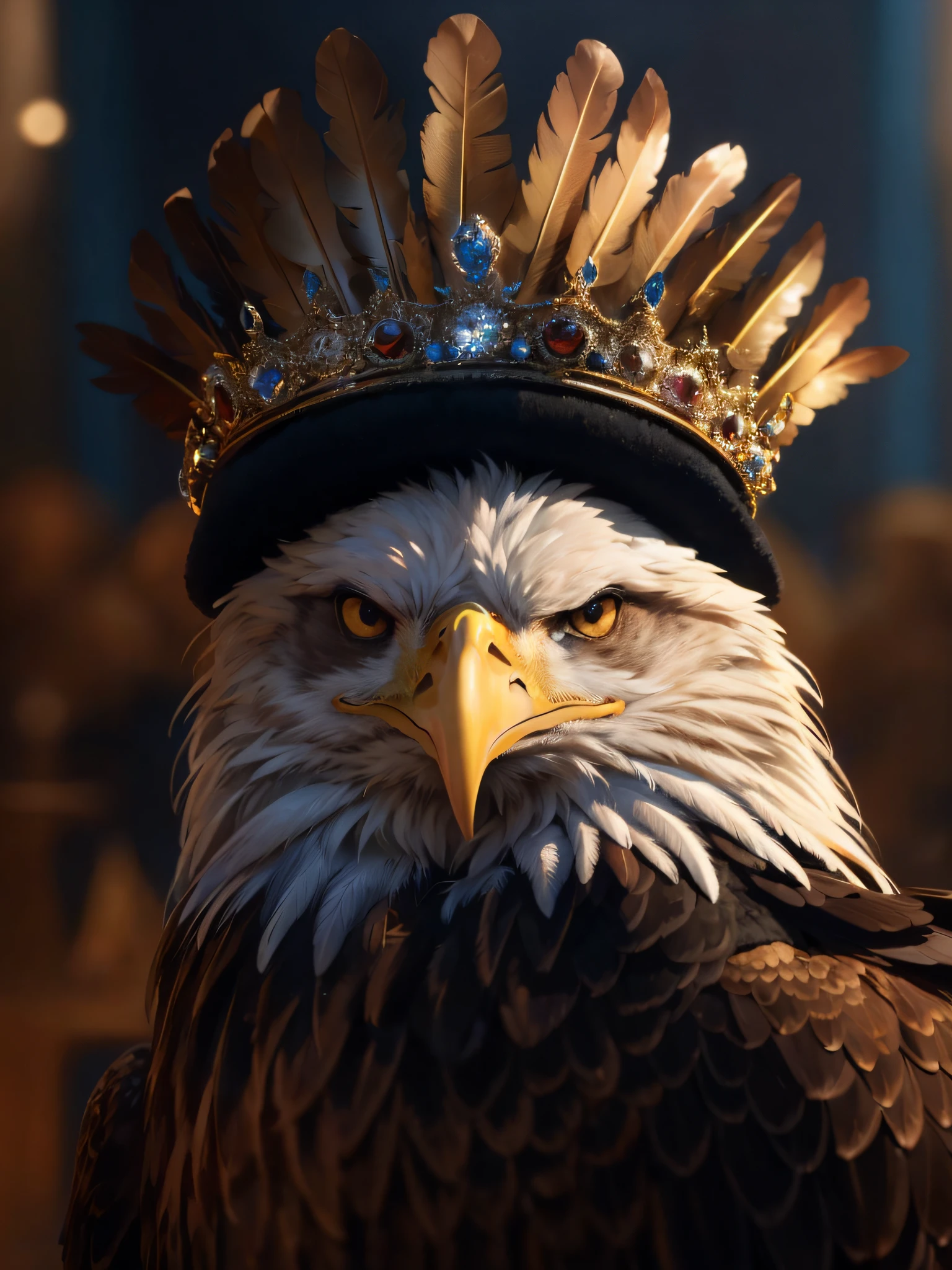 Araffe usando uma coroa e um cocar de penas com penas, usando coroa de penas brilhantes, with an eagle emblem, an eagle, high detail 4k render, feito com motor irreal, high detail 8 k render, high detail 8k render, irritado 8 k, Arte digital altamente detalhada em 4k, Feito em Unreal Engine 5, 4K fantasia detalhe