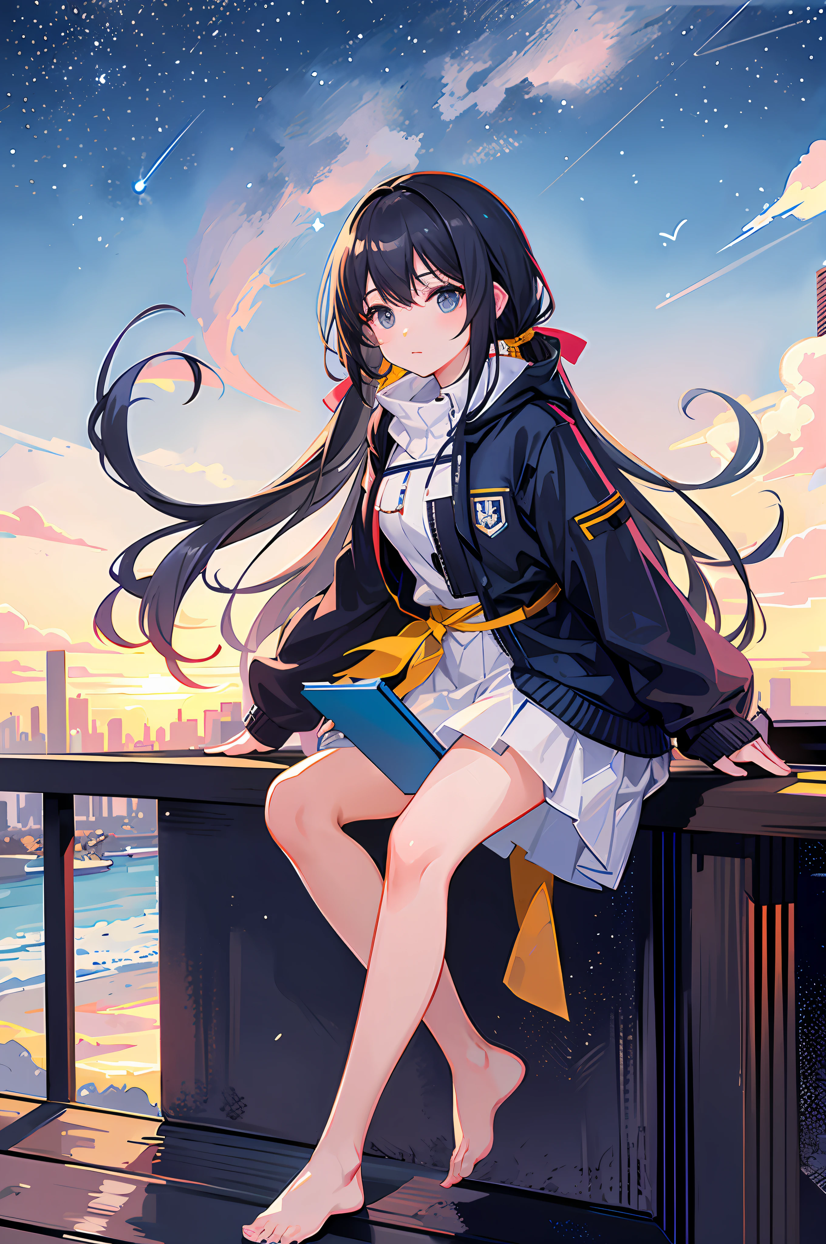 masterpiece, best quality,A beautiful Pigtail girl sits on the roof of the building,There are some whales flying in the starry sky, with a super wide angle view,The background is the extremely beautiful star sky. Under the star sky is the aerial view of the city building,octans, sky, star (sky), scenery, starry sky, night, 1girl, night sky, solo, outdoors, building, cloud, milky way, sitting, tree, long hair, city, silhouette, cityscape