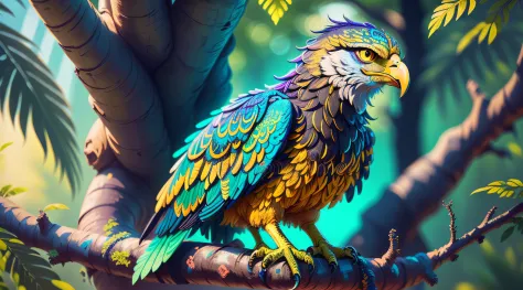 green and blue feathered eagle mixed with yellow, with strong colors of medium contrast, on top of a tree branch, com bico afiad...