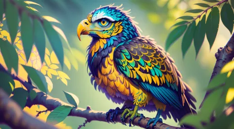 Green and blue feathered eagle mixed with yellow, with strong colors of medium contrast, on top of a tree branch, com bico afiad...