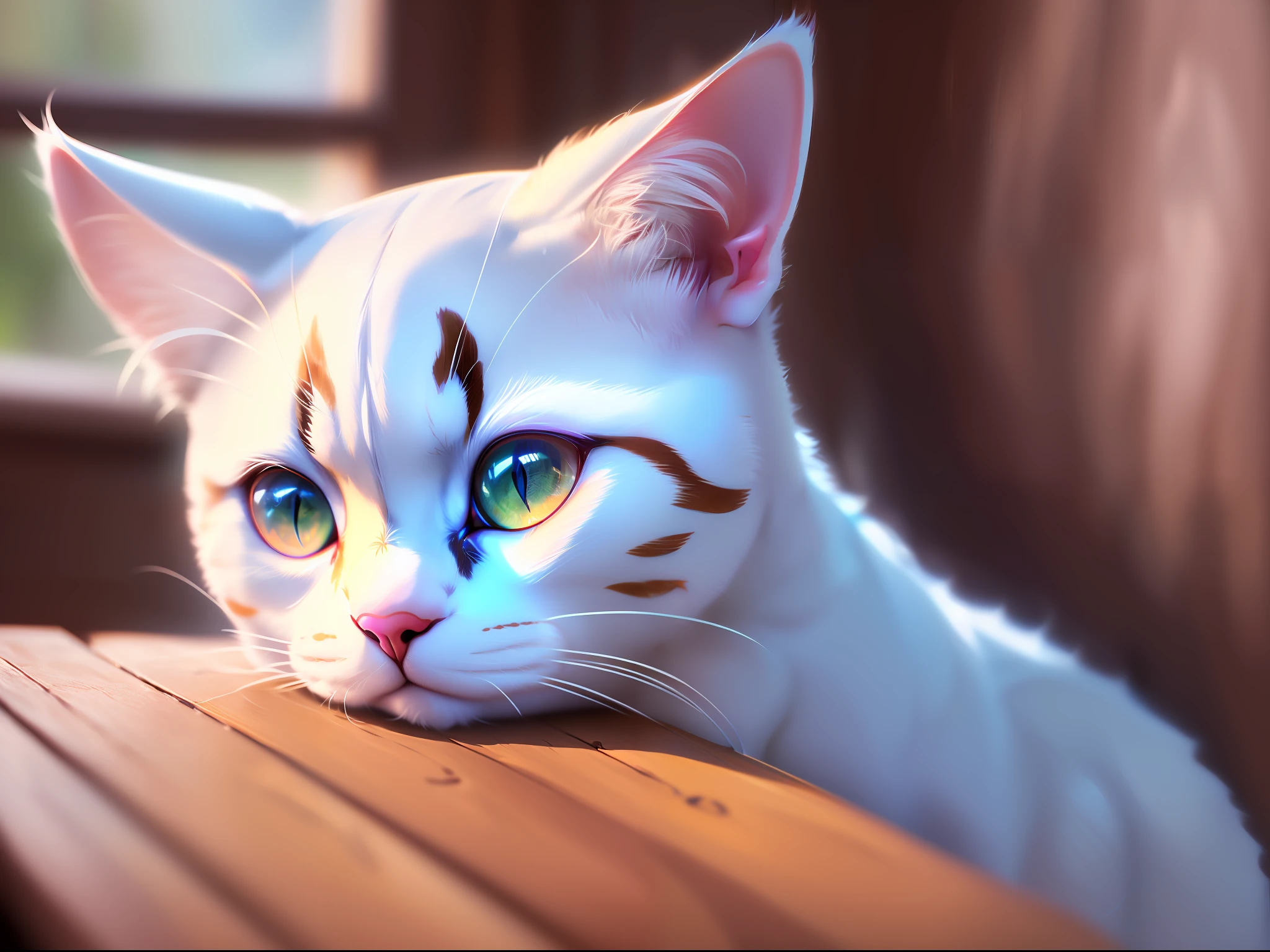 ((An adorable domestic albino cat)), Looking at camera, ((on top of a wooden table:1.4)). ((Realistic self-portrait, Foto RAW, 8K  UHD, top-quality, best qualityer, highy detailed: 1.2))