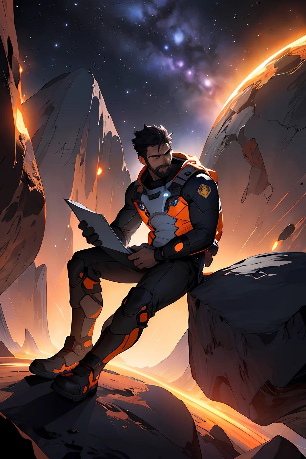 Draw a young programmer, sitting on a research platform floating in the middle of an asteroid belt. He is studying with a notebook, surrounded by several asteroids glowing with fiery auras. Dramatic lighting from distant stars and planets illuminates the scene, casting deep shadows on the suit. The young man looks confident and determined, looking at the vast and mysterious universe with wonder and respect,facial hair, cowboy shot,