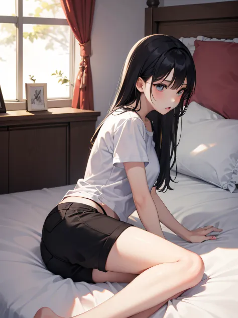 she was woken up，a quarrel is heard in the blur，young beautiful girl lying on bed，wear black shorts and a white t-shirt。