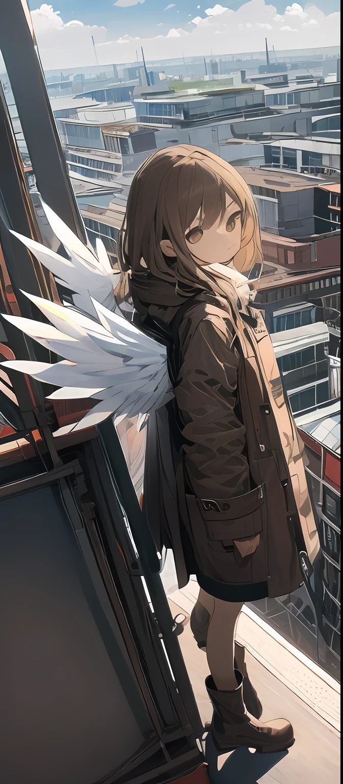 (masterpiece, best quality),from above , 1girl, solo, (feathered wings:1.2), billboard, brown eyes, brown hair, building, city, cloudy sky, coat, boots, crane \(machine\), dutch angle, from side, light frown, looking at viewer, outdoors, rooftop, sky, skyscraper