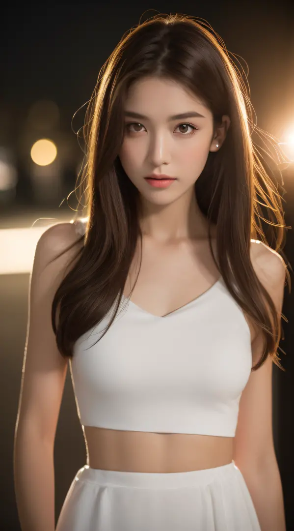((Realistic lighting, Best quality, 8K, Masterpiece: 1.3)), Focus: 1.2, 1girl, Perfect Figure: 1.4, Slim Abs: 1.1, ((Dark brown hair)), (White dress: 1.4), (Outdoor, Night: 1.1), City streets, Super fine face, Fine eyes, Double eyelids,